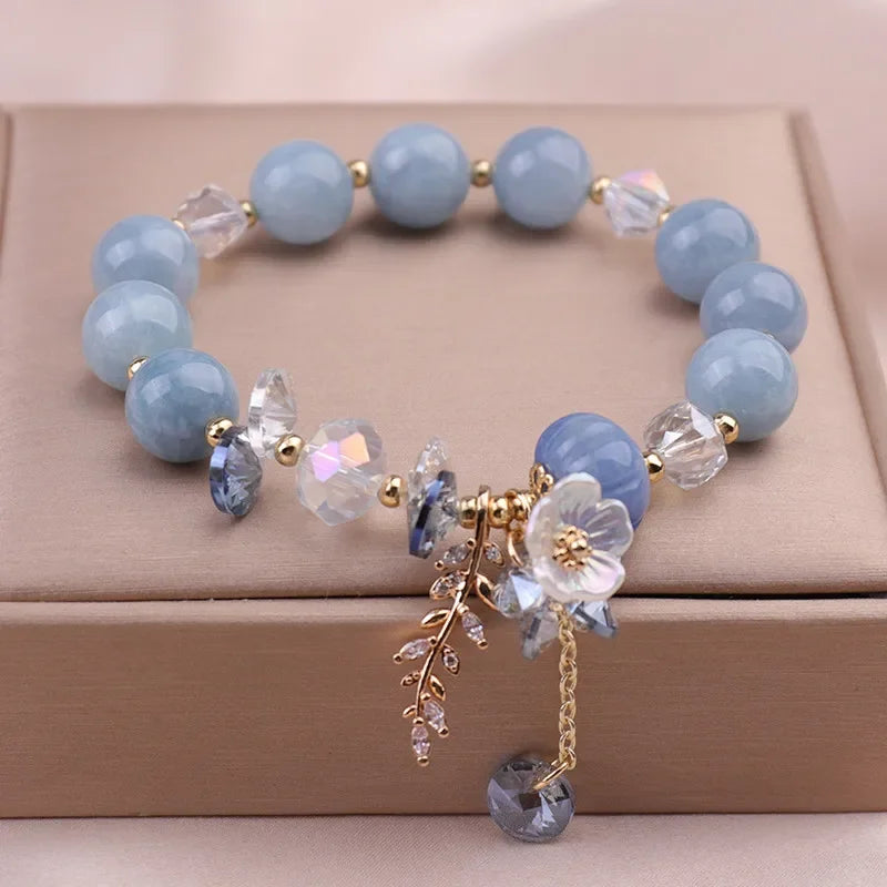 luckacco fashionable natural stone crystal bracelets women's light luxury leaf flower pendant beaded bracelet girlfriend party jewelry