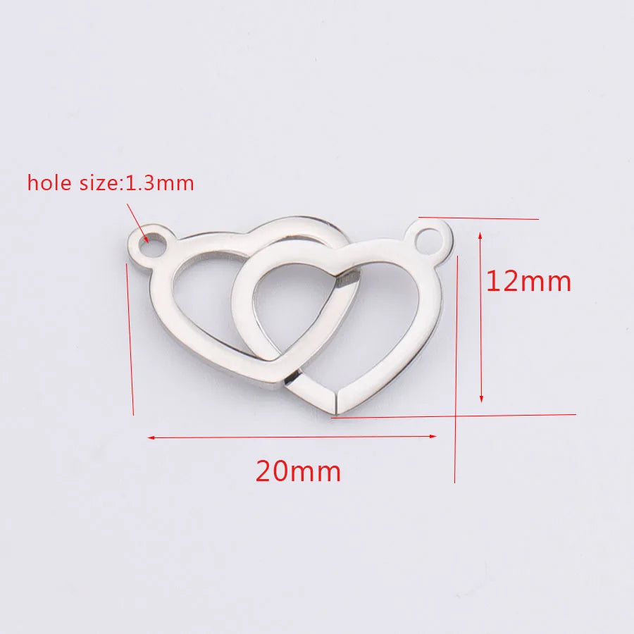 luckacco 10pcs interlocking double hearts charm connector pendant mirror polished stainless steel heart charms 12*20mm necklace wholesale