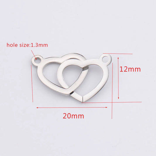 Luckacco 10pcs Interlocking Double Hearts Charm Connector Pendant Mirror Polished Stainless Steel Heart Charms 12*20mm Necklace wholesale