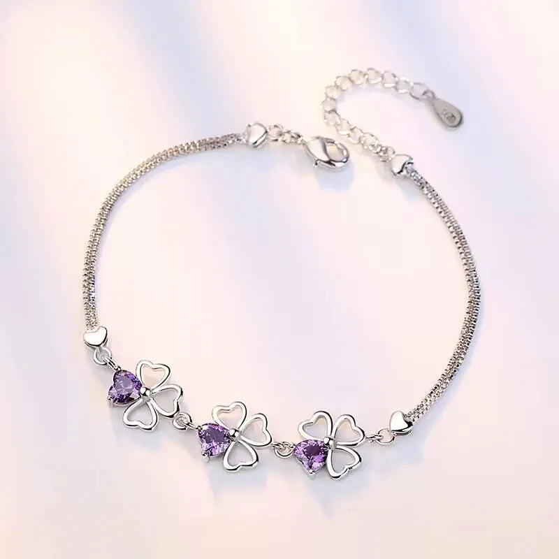 luckacco new fine 925 sterling silver purple crystal lucky clover bracelets for women fashion party wedding accessories jewelry 17cm+4cm