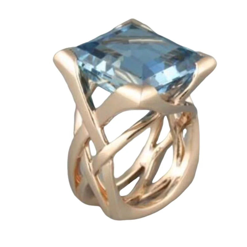 luckacco ksra fashion trend creative hollow gold color inlaid square blue color stone rings for women party gifts custom jewelry