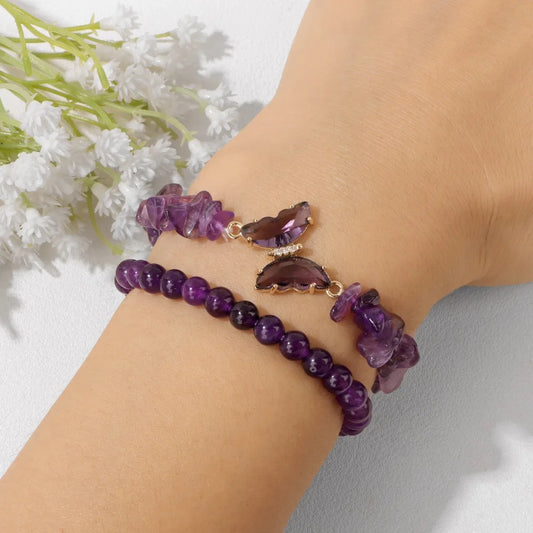 Luckacco 2pc Set Romantic Amethyst Obsidian Quartz Beaded Butterfly Bracelet Women Stretch Bangles Positive Energy Daily Commute