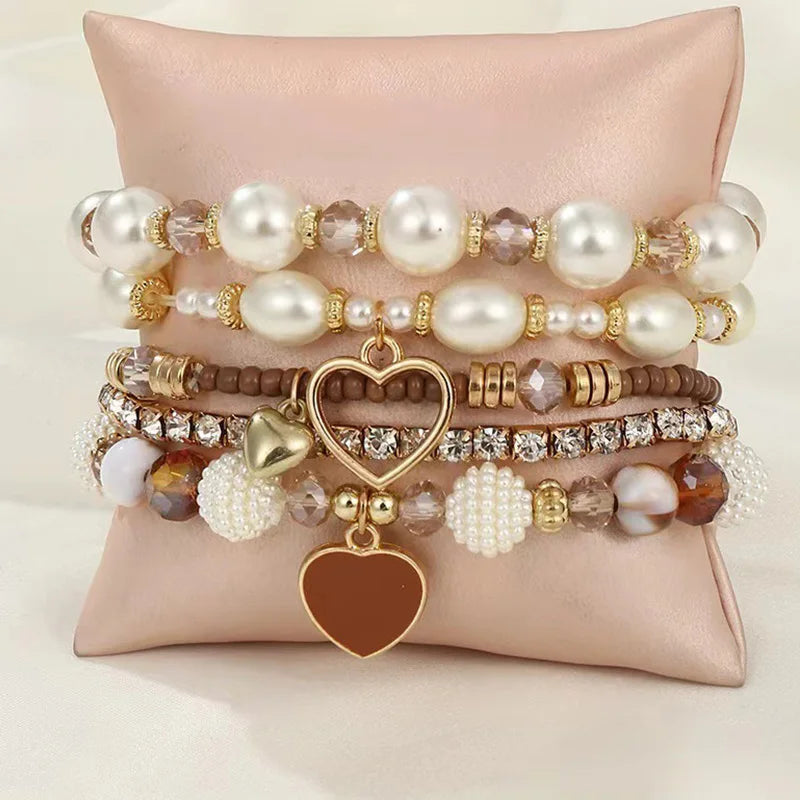 luckacco 5pcs heart boho beach bracelet set pearl crystal beaded multilayer wrist jewelry for women gift