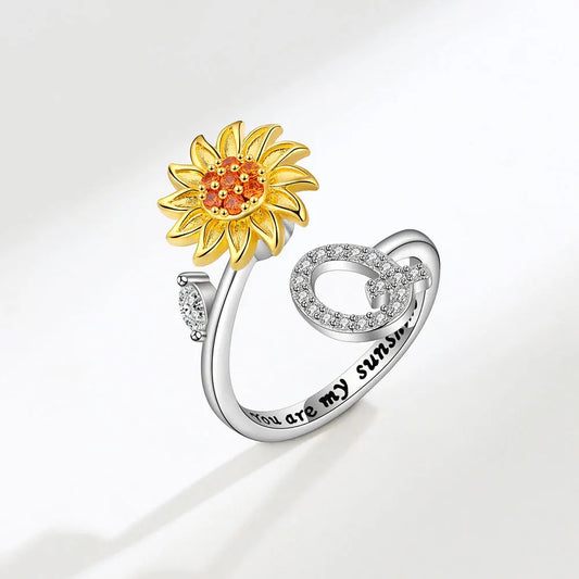 Luckacco Rotating Sunflower Initial Letter Rings For Women Anti Anxiety Spinner You Are My Sunshine Stainless Steel Ring Birthday Jewelry