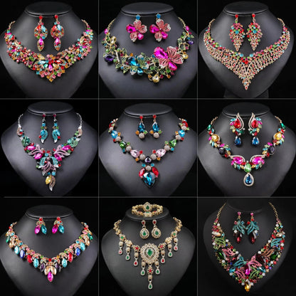 Luckacco Gorgeous Colorful Crystal Rhinestone Lucky Necklace Earring Set Wedding Party Costume Jewellery NewStyle Trendy design Girl Gift
