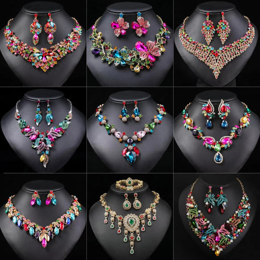 Luckacco Gorgeous Colorful Crystal Rhinestone Lucky Necklace Earring Set Wedding Party Costume Jewellery NewStyle Trendy design Girl Gift
