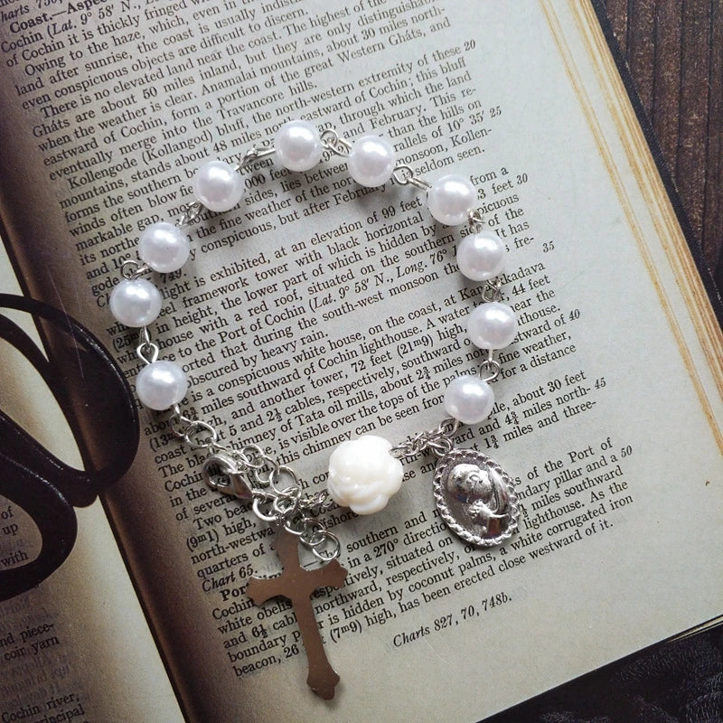 luckacco qigo imitatial pearl bracelets acrylic beads rose cross strand jewelry white pink