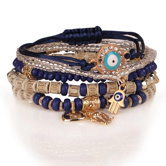 Luckacco 6Pcs/set Bohemian Evil Eye Bracelet Set For Women Fatima Hand Heart Charm Beaded Rope Chain Bangle Female Jewelry Gift