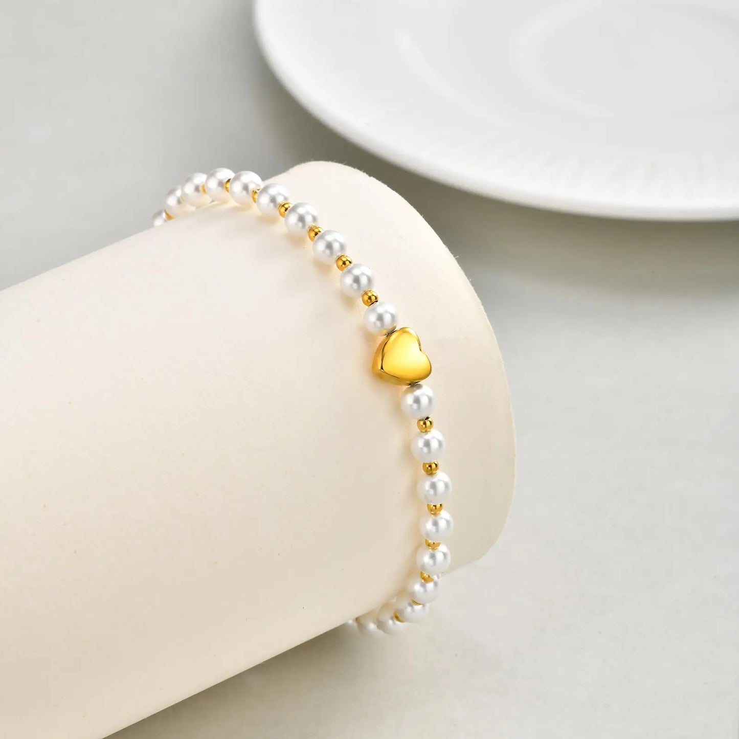 luckacco elegant high quality imitation pearl beads bracelet for women, stainless steel heart charm bracelet, waterproof fashion jewelry