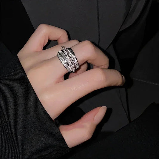 Luckacco 2024 Silver Color Rhinestone Ring Multi-layer Winding Rings for Women Wedding Full Zircon Finger Rings Fashion Jewelry Gifts