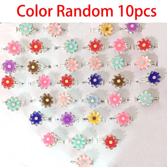 Luckacco 10pcs Cute Cartoon Kids Rings Kawaii Korean Children Girls Flower Alloy Finger Ring Child Jewelry Gift Adjustable Rings