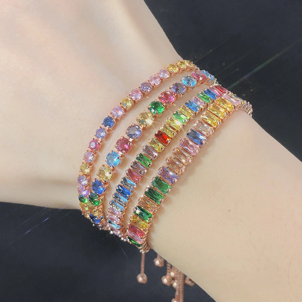 luckacco adjustable multicolor tennis bracelets for women ladies wedding rainbow colorful zircon charm bracelet hand chain jewelry dzh043