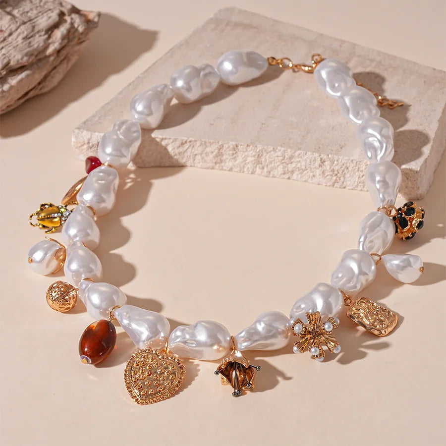 luckacco zaa baroque pearl chain necklace shell conch heart pendant necklace for women bohemian beach vacation neck accessories