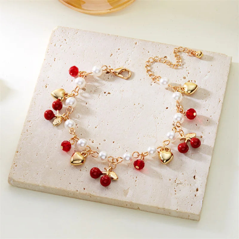 luckacco sweet cute red strawberry cherry heart pearl charm bracelet new fashion y2k fruit gold color chain jewelry party gifts 2025