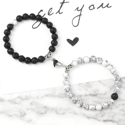 Luckacco 2Pcs/Set Sliver Black Color Magnet Pendant Bracelets 6MM 8MM White Porcelain Black Line Beads Couple Bracelet Jewelry Gift New