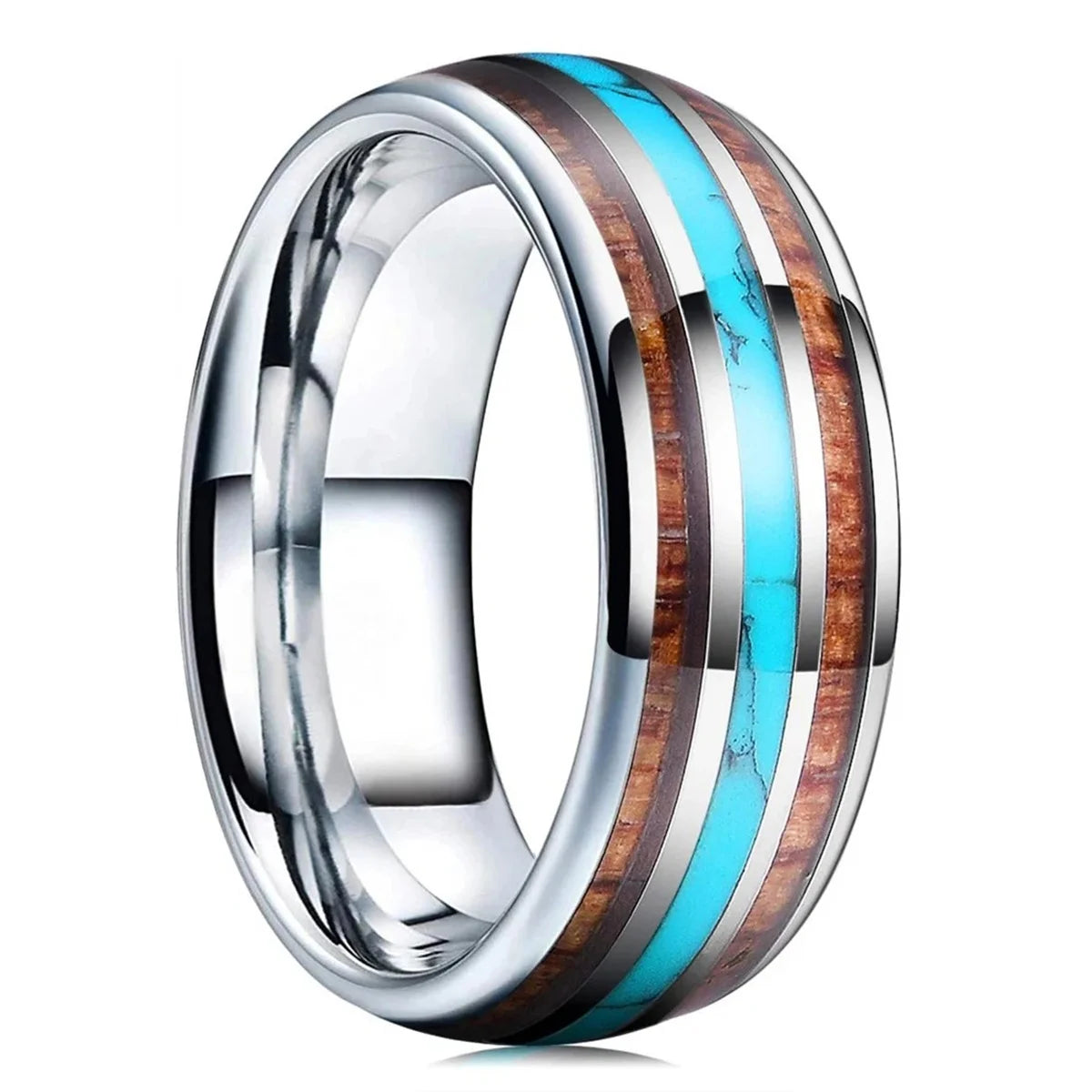 luckacco fashion 8mm silver color stainless steel rings for men double groove meteorite inlay dome men finger ring wedding band jewelry