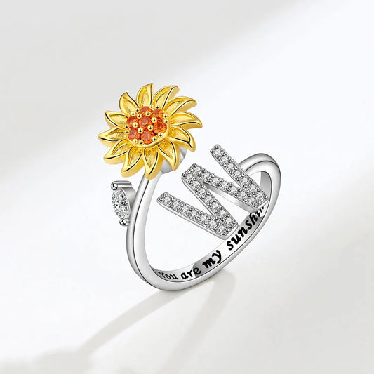 Luckacco Rotating Sunflower Initial Letter Rings For Women Anti Anxiety Spinner You Are My Sunshine Stainless Steel Ring Birthday Jewelry