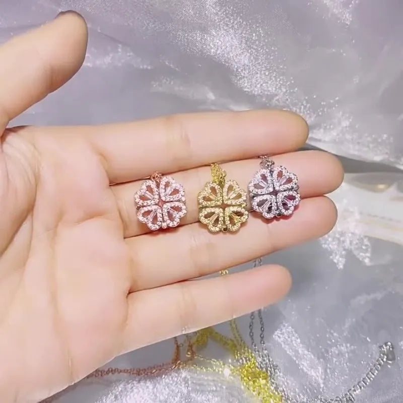 luckacco 1 heart-shaped magnetic heart pendant necklace for women, clover necklace, lucky four in one love pendant, jewelry gift