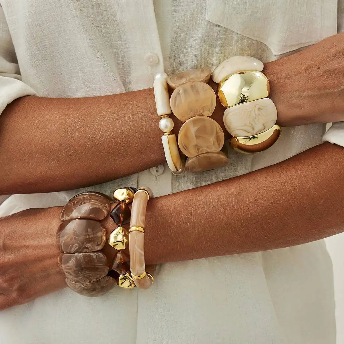 luckacco 6 style boho punk geometric acrylic resin elasticity bangles for women vintage ccb beads bangle bracelets charm jewelry