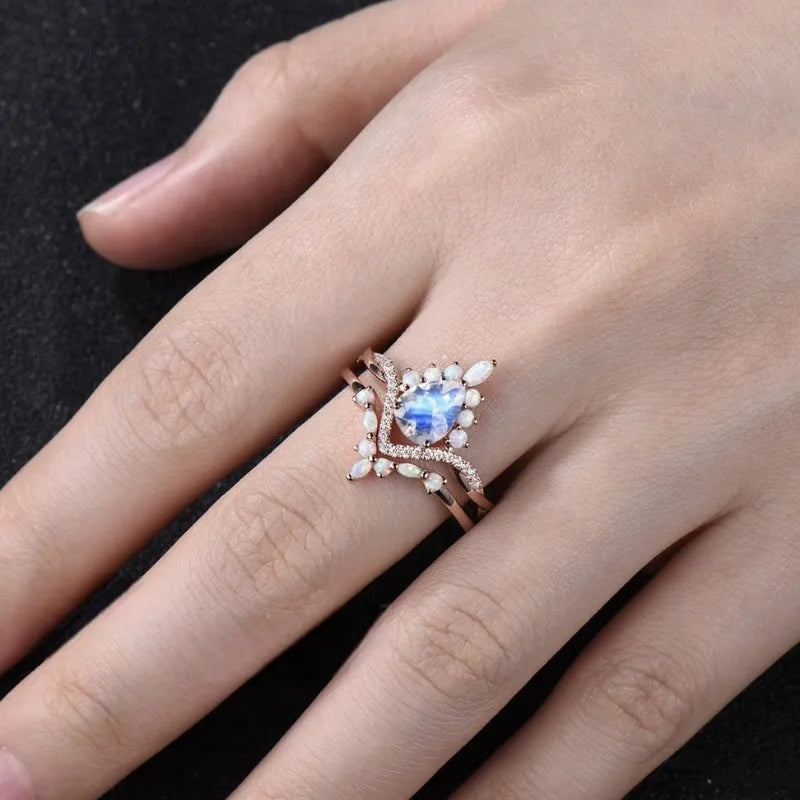 luckacco charm rose gold color waterdrop white stone flower hollow rings for women jewelry anniversary rings set gift