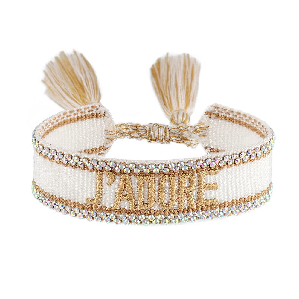 luckacco rhinestone embroidery woven bracelets adjustable rope stackable bangle for women
