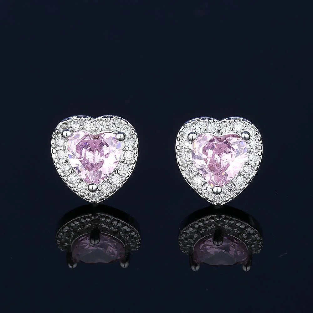 luckacco 925 sterling silver jewelry set heart shape pink crystal zircon necklace earrings ring women's elegant jewelry