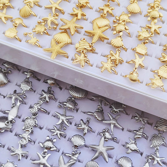 Luckacco 10 Pcs Stainless Steel Ocean Shell Conch Sea Turtle Fish Tail Dolphin Bead Ring Jewelry Size Opening Adjustable Party Gift