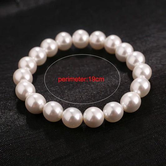 Luckacco Classic Elegant Elastic White Pearl Bracelet For Women Men Wedding Banquet Stretch Bracelets 6-12mm Beads Handmade Jewelry Gift
