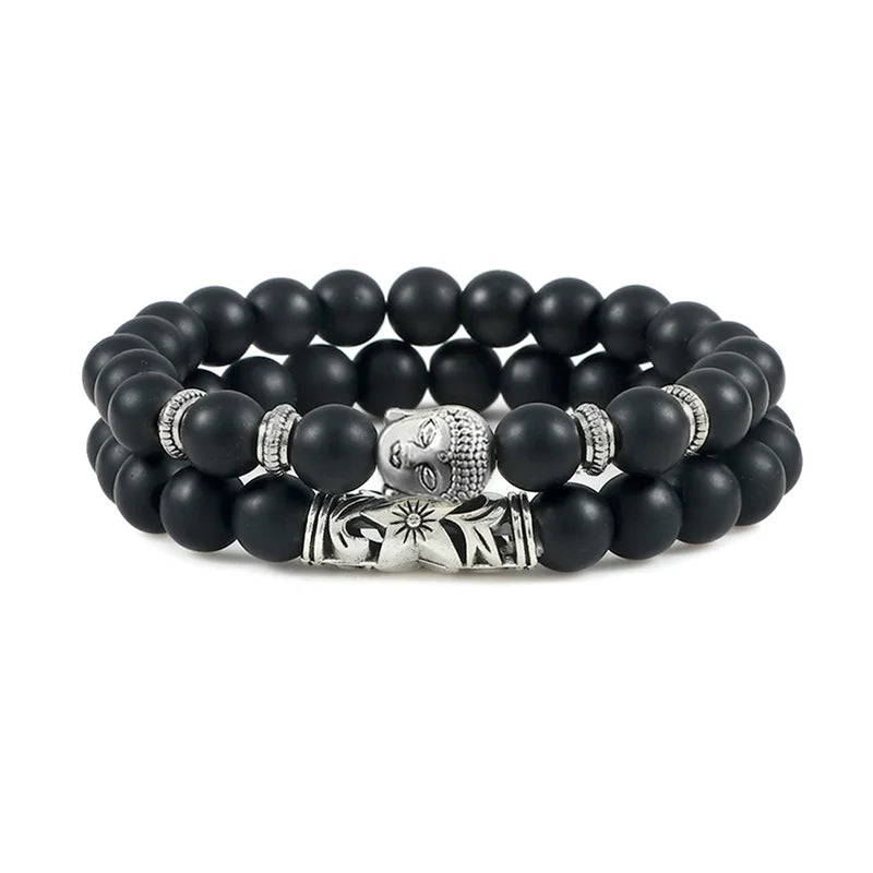 luckacco 2pcs/set buddha head bracelet for women men natural tiger eye lava stone yoga beads distance bracelets charm couple jewelry gift