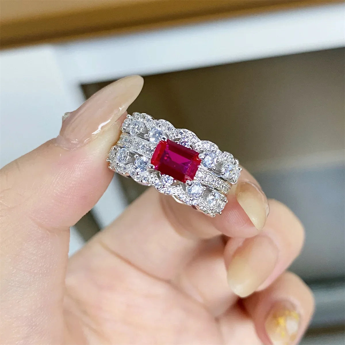 luckacco delicacy luxury white gold solid platinum pt950 women's diamond ring ring female emerald cut