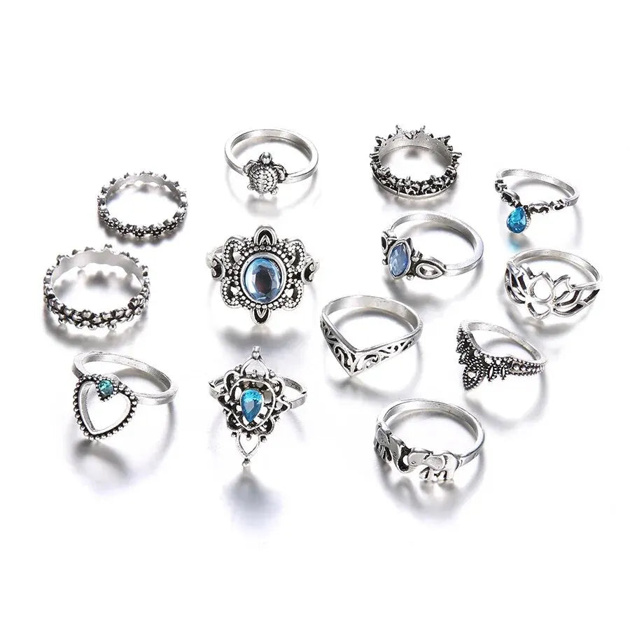 luckacco 13pcs/set vintage carved hollow flower crown love rings for women trendy 2024 retro exquisite fringer rings party jewelry gift