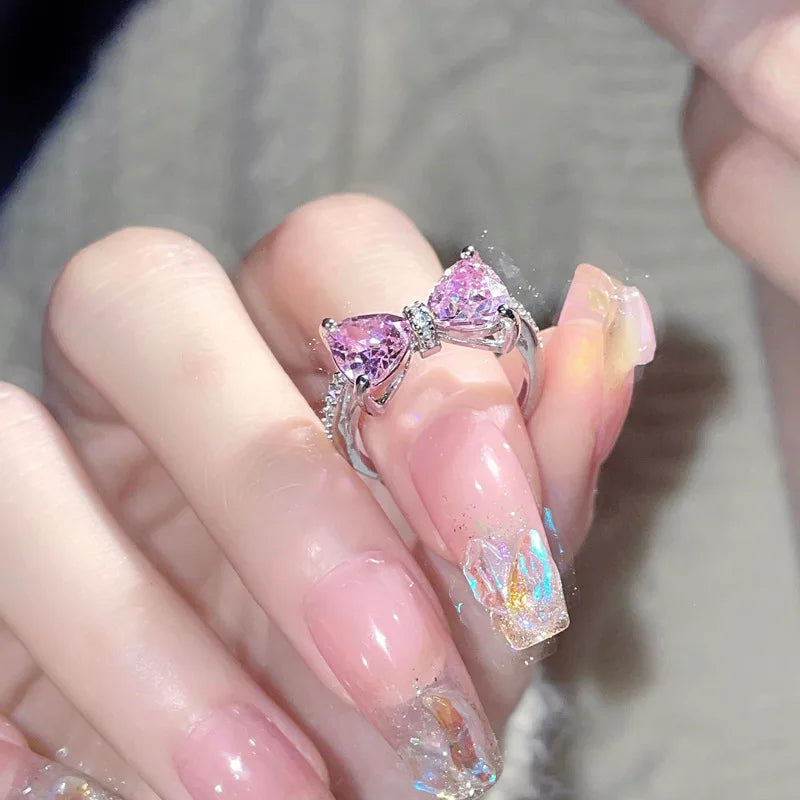 luckacco fashion romantic pink crystal bowknot rings sweet exquisite y2k opening finger ring girls birthday party jewelry accessories