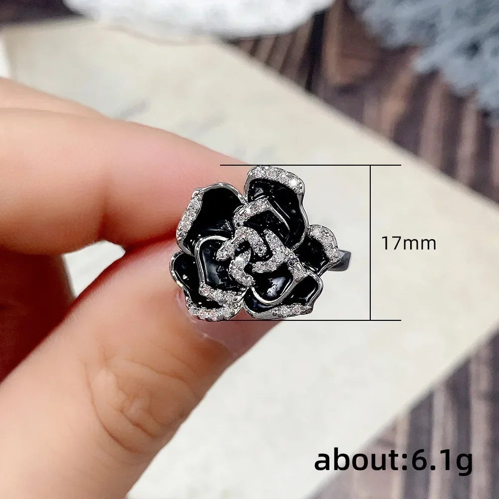 luckacco 2025 new black flower design ring women's anniversary gift, bridal bride with shiny zirconia elegant rhinestone accessories