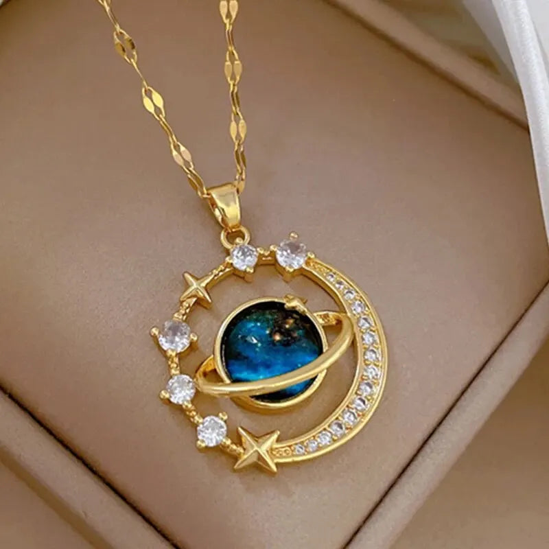 luckacco light luxury titanium steel star series necklace for women gold color planet moon astronaut pendant necklaces jewelry gifts