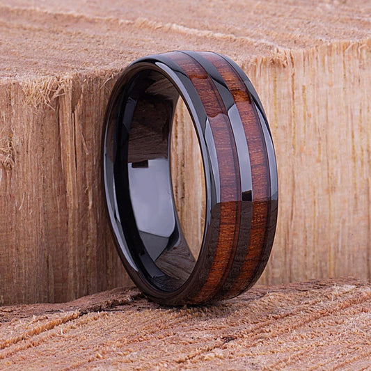 Luckacco Fashion 8mm Silver Color Stainless Steel Rings for Men Double Groove Meteorite Inlay Dome Men Finger Ring Wedding Band Jewelry