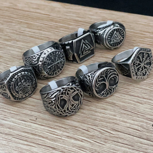 Luckacco Vintage Nordic Viking Ring Stainless Steel Men Ethnic Belief Odin Compass Valknut Tree of Life Ring Amulet Jewelry
