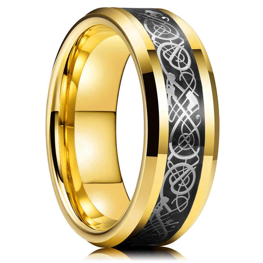 Luckacco Fashion 8mm Black Tungsten Wedding Celtic Dragon Rings Inlaid Blue Zircon Stainless Steel Rings for Men Blue Carbon Fibre Ring