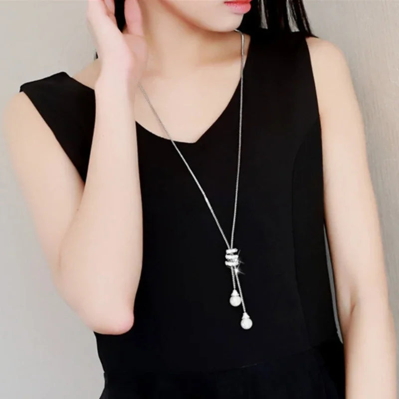 luckacco classic simple long pearl spiral adjustable pendant necklace for women charm zircon sweater chain exquisite jewelry accessories