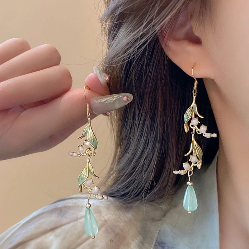 luckacco lily of the valley leaf water drop resin dangle earrings for women partysu new in earring hook vintage fashion cheongsam jewelr