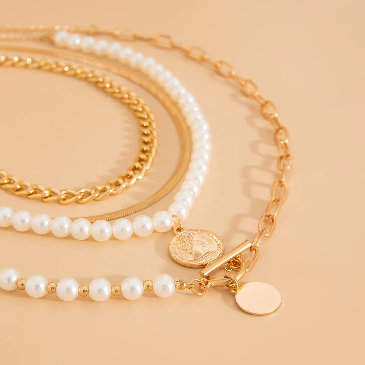 luckacco boho gold color metal round pendant necklace 2025 women's multi layer sweet imitation pearl snake chain girls fashion jewelry