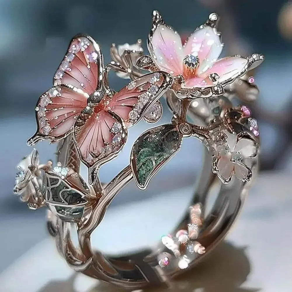 luckacco aesthetic flower butterfly rings for female romantic rhinestone stylish non-fading opening ring women wedding jewelry party gift