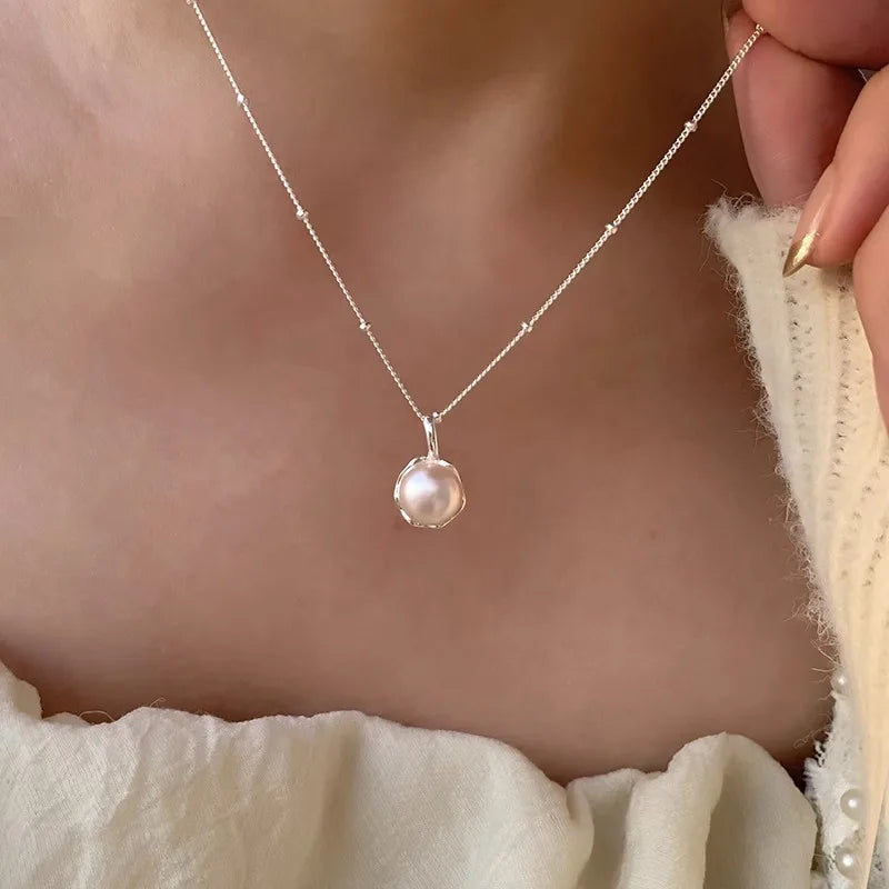 luckacco new trendy fashion 925 silver pearl simple elegant thin chain pendant necklace for women girl jewelry dropship