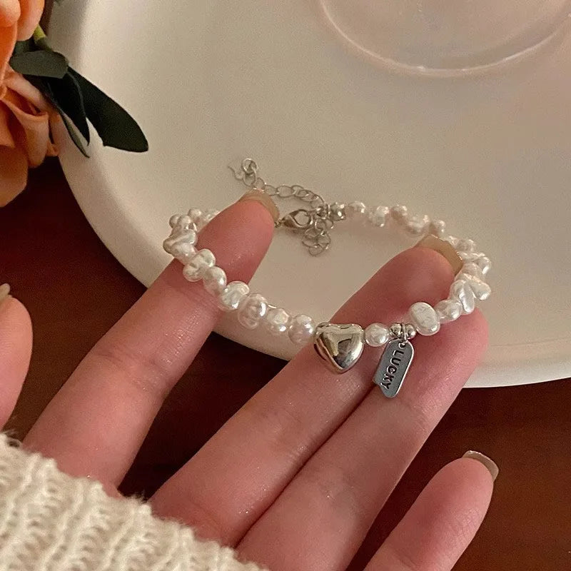 luckacco vintage creativity irregular baroque imitation pearl heart shape beading bracelets for women fashion accessories lucky tag gifts