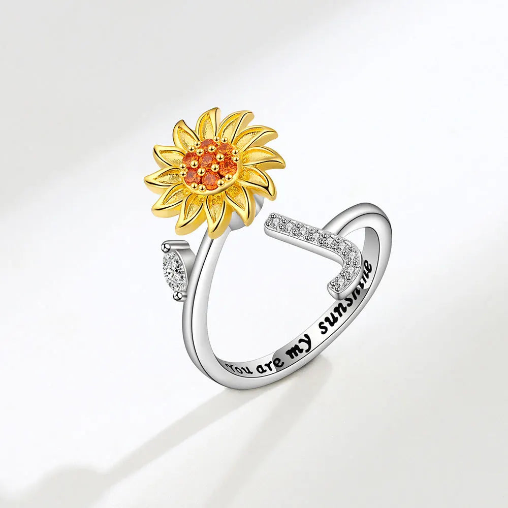 luckacco rotating sunflower initial letter rings for women anti anxiety spinner you are my sunshine stainless steel ring birthday jewelry