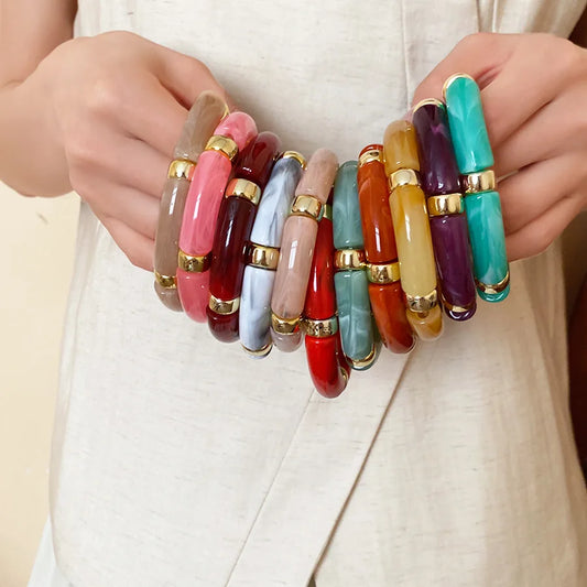 Luckacco Splicing Bamboo Tube Acrylic Smudging Bangles for Women Men Fashion Geometric Elastic Bracelets Bangles Jewelry Couple Gifts F