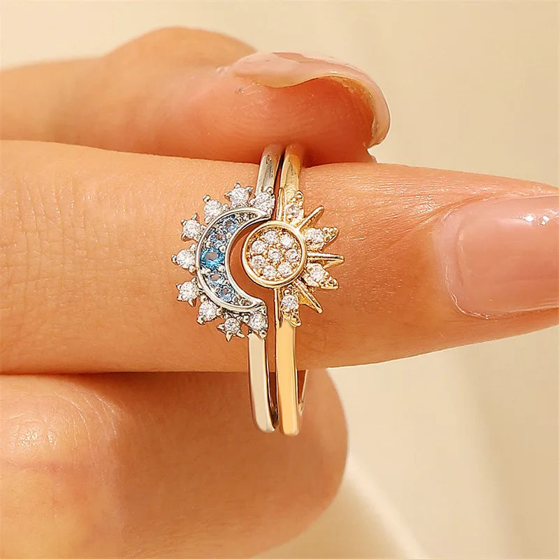 luckacco sun and moon adjustable couple open ring new style stackable jewelry gift fashion accessories