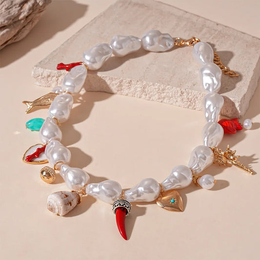Luckacco ZAA Baroque Pearl Chain Necklace Shell Conch Heart Pendant Necklace for Women Bohemian Beach Vacation Neck Accessories