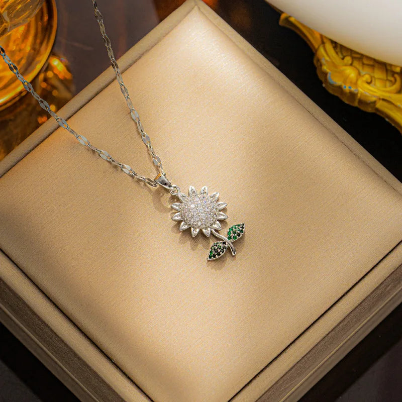 luckacco korea trendy crystal sunflower rotatable pendant necklace for women luxury silver color stainless steel zircon choker jewelry