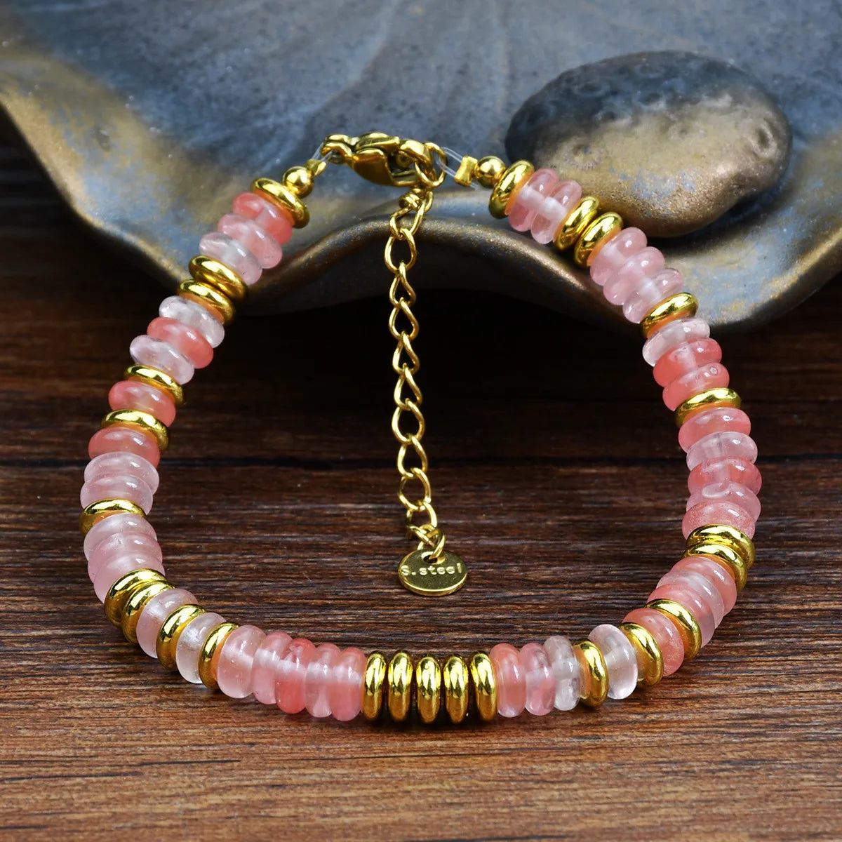 luckacco fashion dopamine colored natural stone adjustable bead bracelets women's light luxury high-end pebble bracelet jewelry