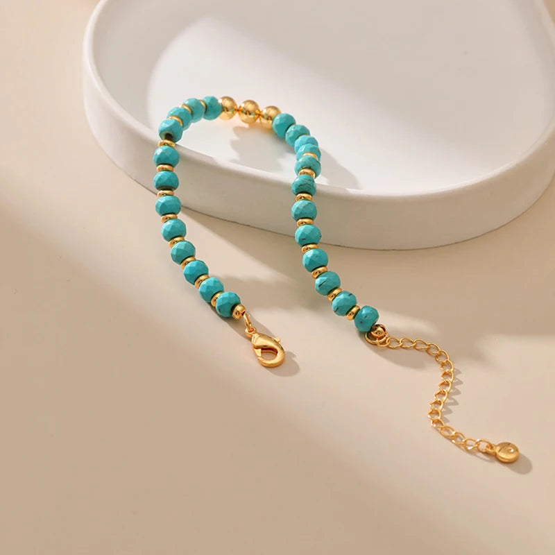 luckacco irregular cut turquoise beads handmade bracelet for women ethnic style adjustable size casual jewelry accessories lady gifts